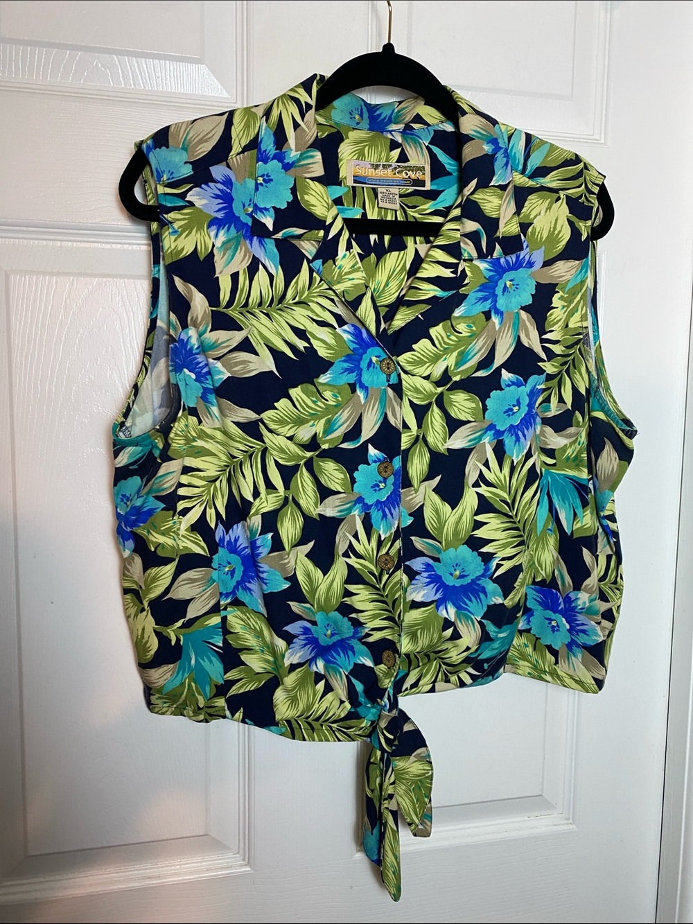 Vintage Sunset Cove Hawaiian sleeveless button up tie-front blouse Size XL